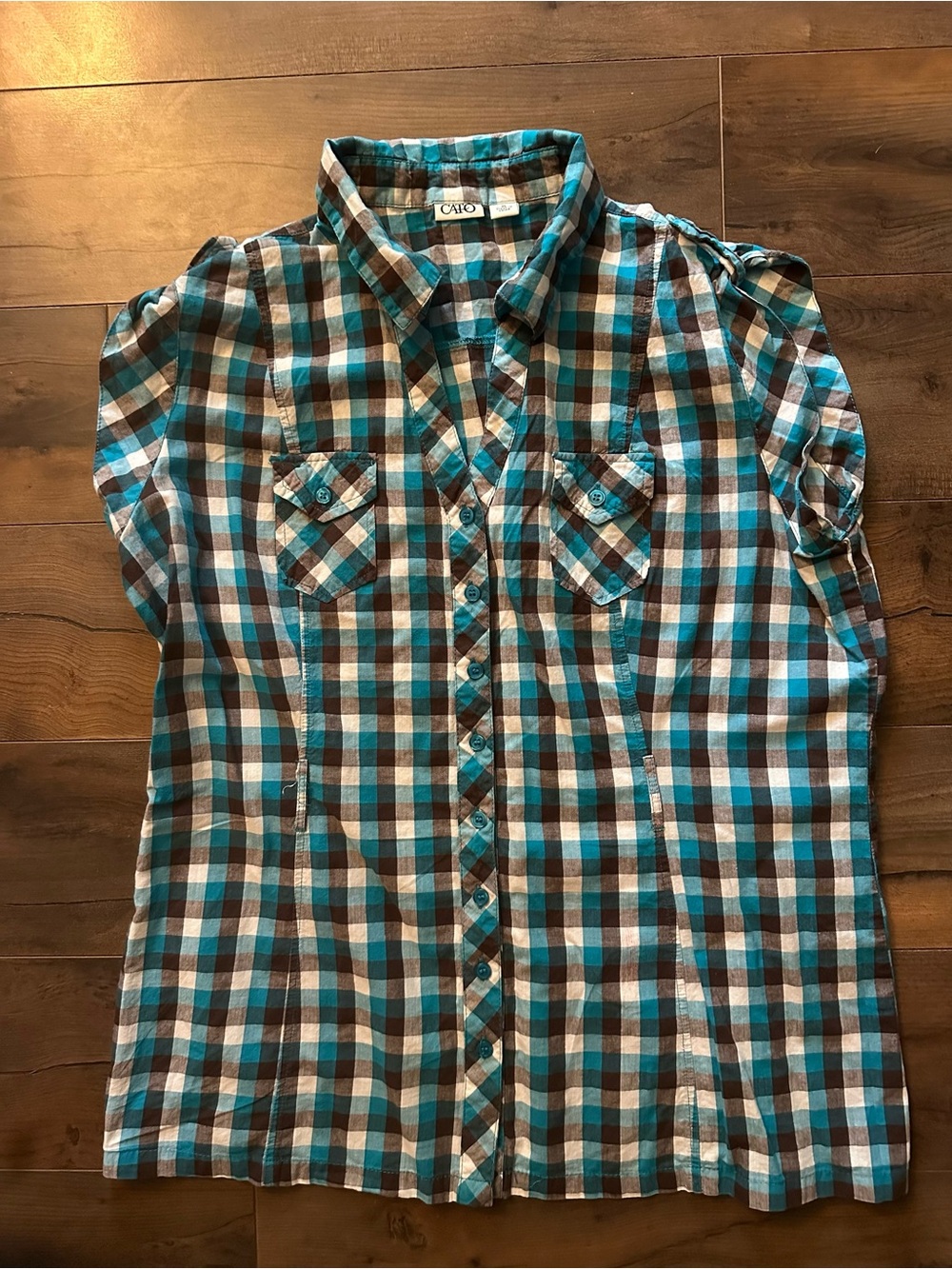 Cato XL Teal Brown Plaid Button Front Shirt Roll Tab Sleeves Y2K Western